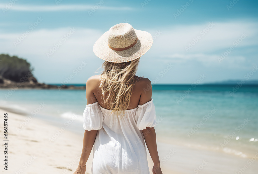 Woman in Elegant Dress and Beach Hat Staring at the Ocean