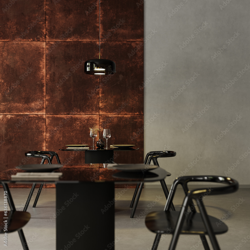 Interior of modern restaurant with black chairs and tables, 3d render Interior of modern restaurant with black chairs and tables, 3d render