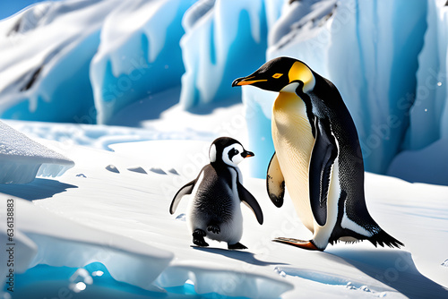 A mother penguin and a baby penguin are walking on a glacier. She has a clumsy baby penguin walk  but her cuteness is felt. Generative AI