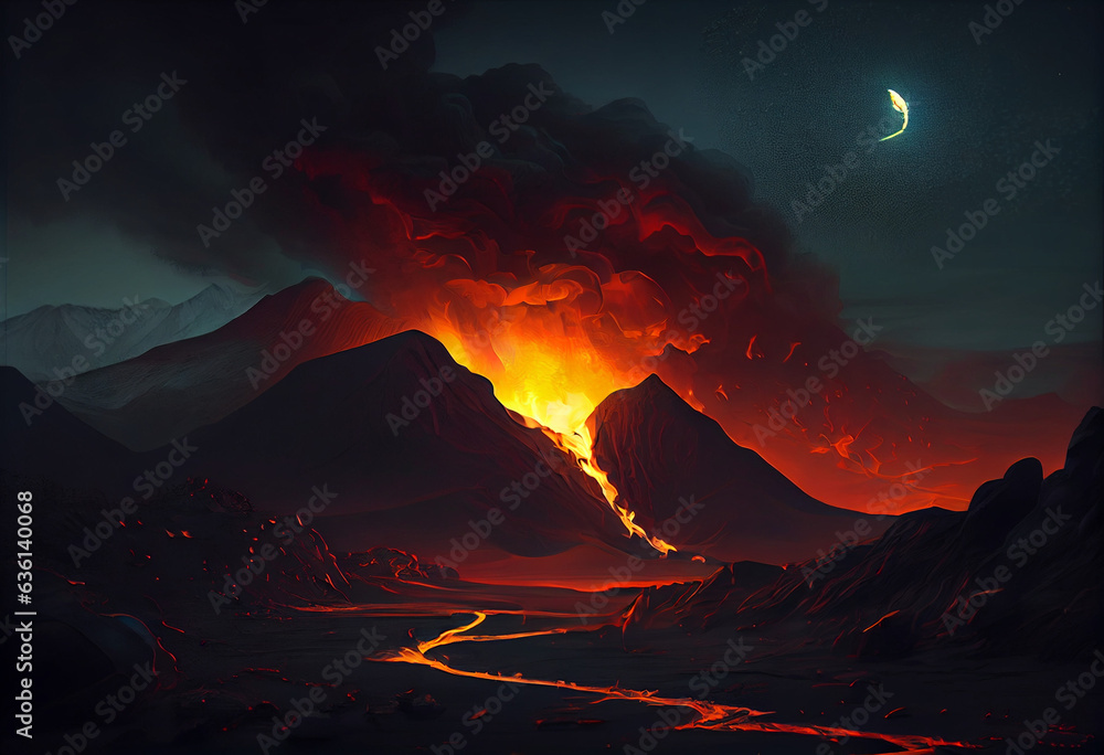 The digital image of a fiery image, in the style of photorealistic landscapes, dark symbolism, decorative background. Generative AI