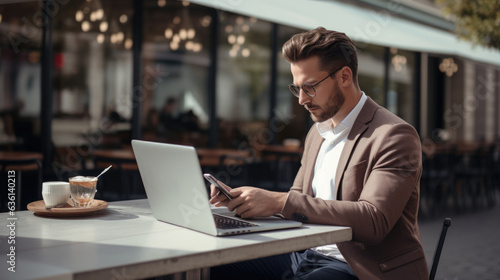 businessman is working with his staff online while she is outside her office.