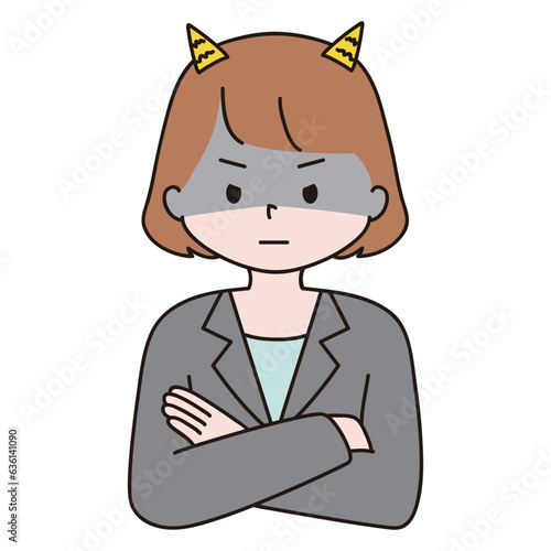 腕を組む　スーツ　鬼の角　怒る女性