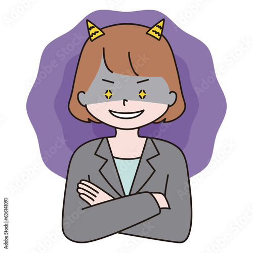 腕を組む　スーツ　鬼の角　笑顔で怒る女性