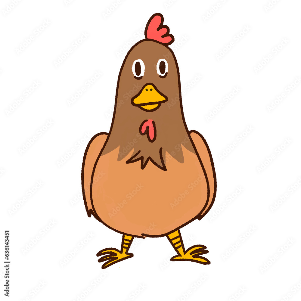 Funny brown hen, chicken, rooster hand drawing illustration isolated without background
