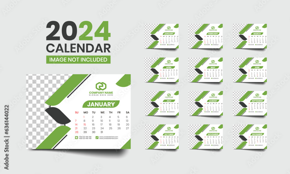Modern desk calendar template for new year - horizontal layout - 12 months Modern desk calendar template for new year - horizontal layout - 12 months