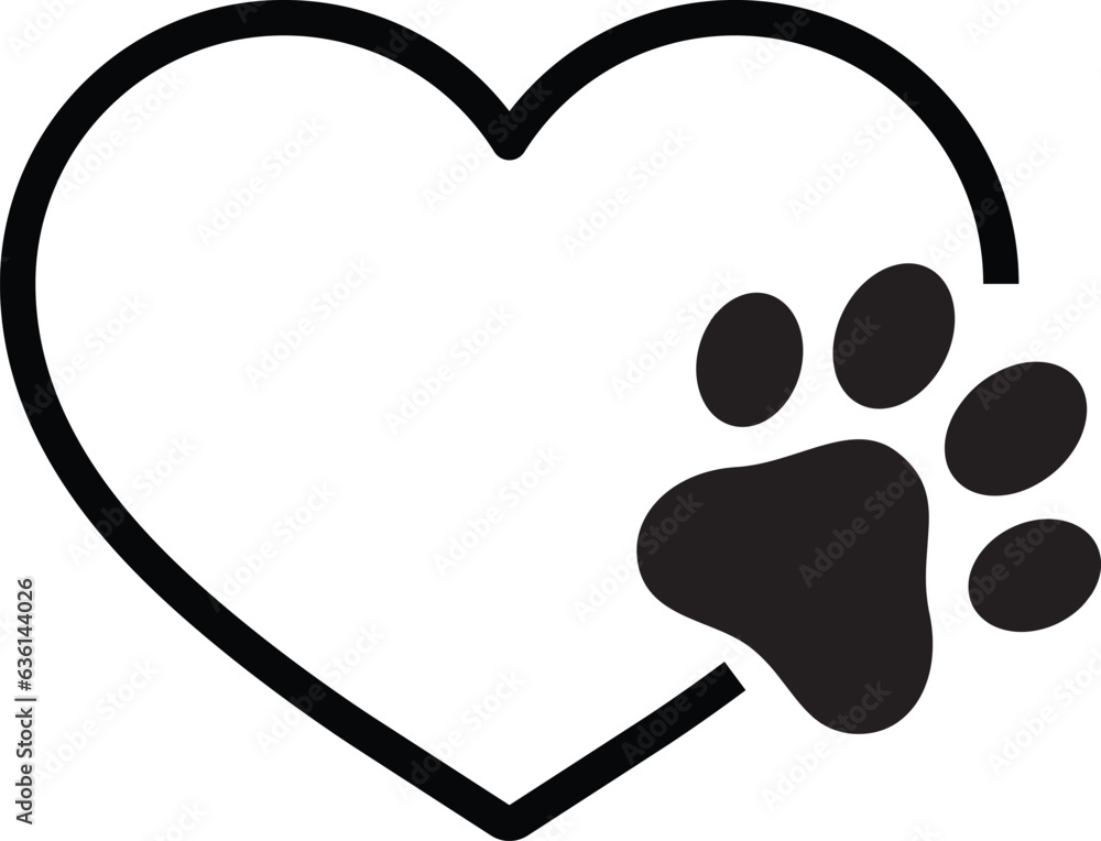 Animal love symbol vector . Paw print with heart . Dog love symbol - obrazy, fototapety, plakaty 