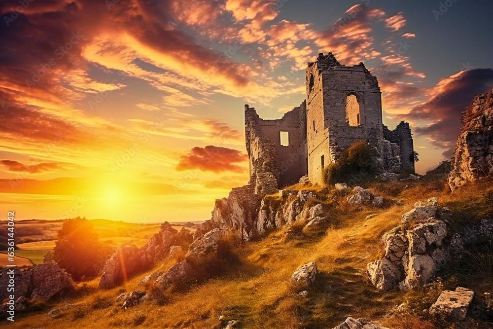 Fototapeta premium Ruined ancient castle in sunset, on the top of the hill, with sun behind