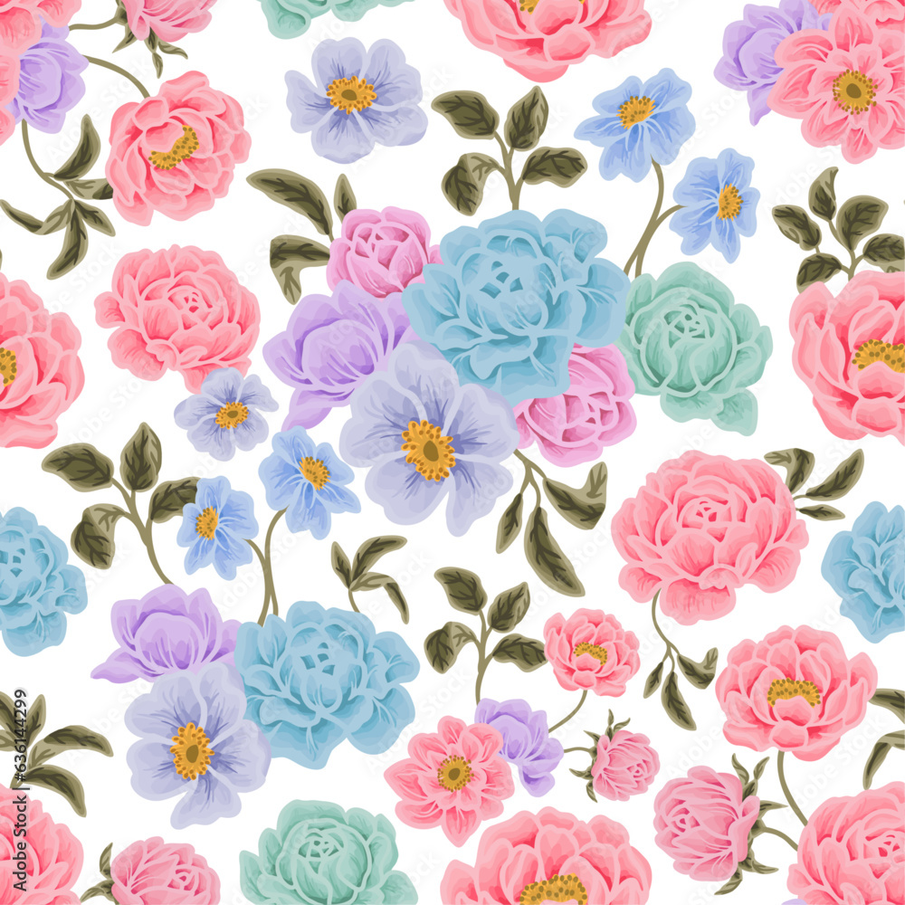 Flower seamless pattern illustration with colorful rose, peony, floral bud, and green leaf branch elements	