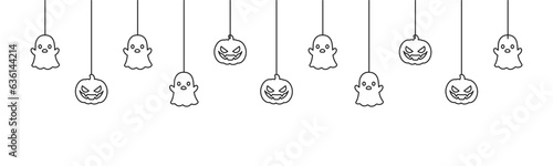 Happy Halloween banner or border with ghost and jack o lantern pumpkins outline doodle. Hanging Spooky Ornaments Decoration Vector illustration, trick or treat party invitation