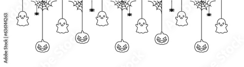 Happy Halloween banner or border with ghost and jack o lantern pumpkins outline doodle. Hanging Spooky Ornaments Decoration Vector illustration, trick or treat party invitation