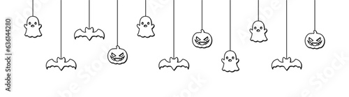 Happy Halloween banner or border with bats, spider web, ghost and jack o lantern pumpkins outline doodle. Hanging Spooky Ornaments Decoration Vector illustration, trick or treat party invitation