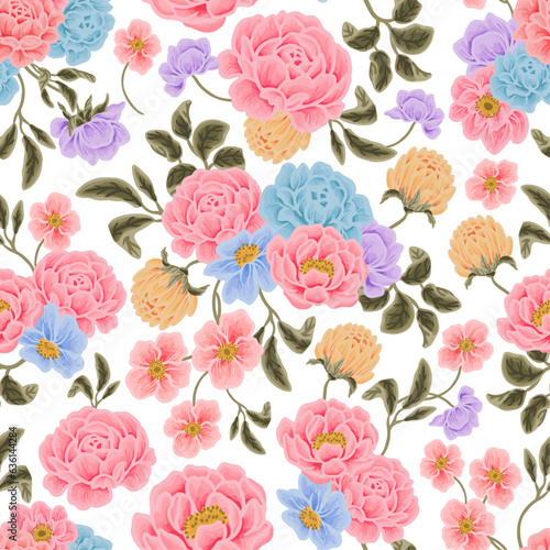 Flower seamless pattern illustration with colorful rose, peony, floral bud, and green leaf branch elements 