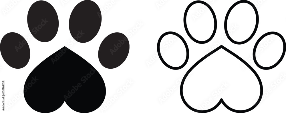 Love paw print icon set vector in two styles . Paw print with heart Love paw print icon set vector in two styles . Paw print with heart