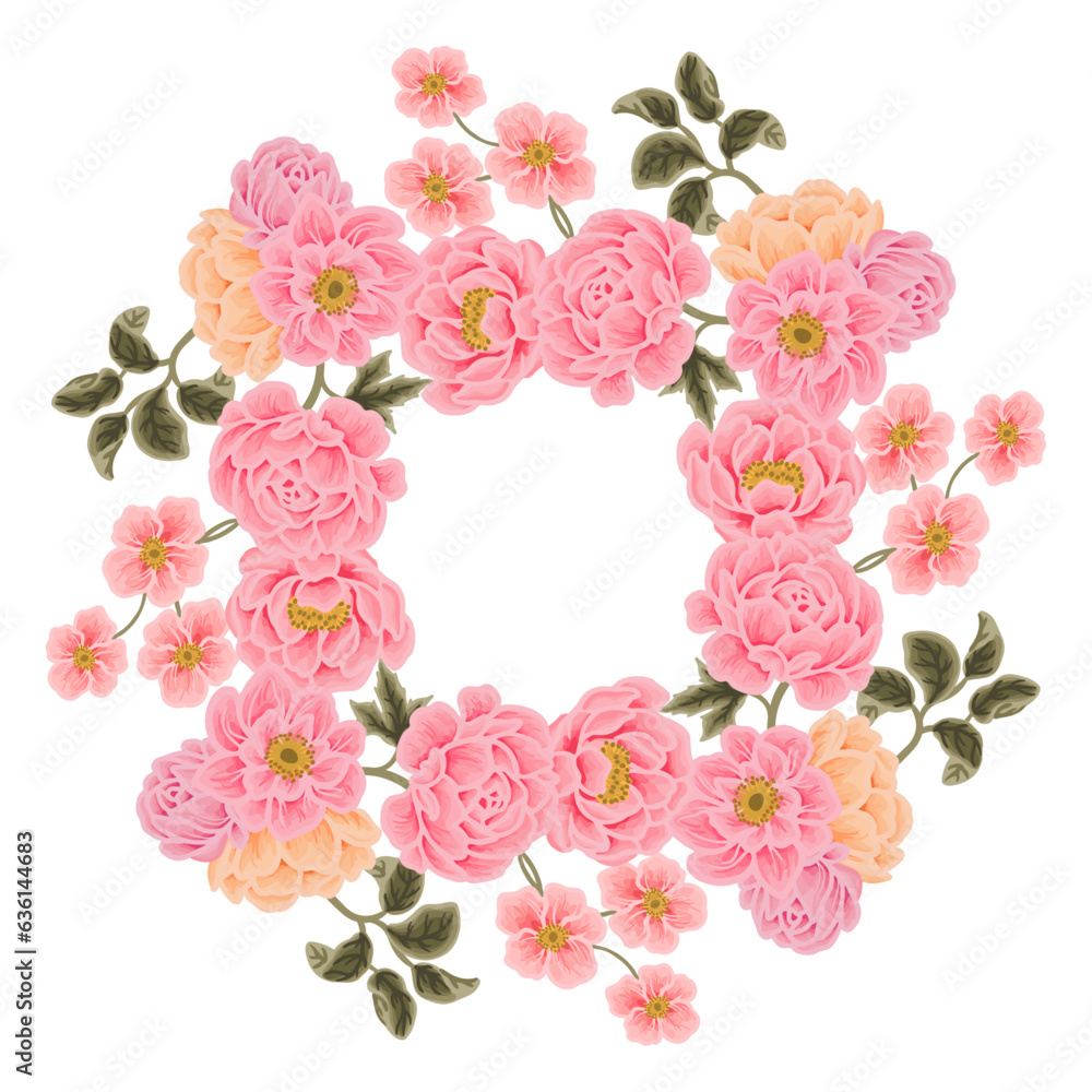 Hand drawn flowery frame and wreath illustration arrangements with colorful rose, peony, floral bud, and green leaf branch elements Hand drawn flowery frame and wreath illustration arrangements with colorful rose, peony, floral bud, and green leaf branch elements