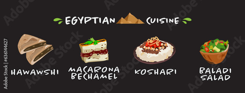 Traditional Egyptian dishes vector illustration set. Macarona Bechame, Koshari, Hawawshi and Salata Baladi.