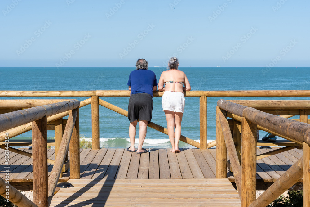 senior couple gazing at the sea from a wooden boardwalk senior couple gazing at the sea from a wooden boardwalk
