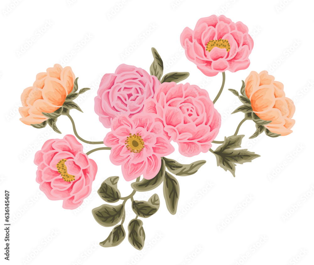 Hand drawn flower bouquet illustration arrangements with colorful rose, peony, floral bud, and green leaf branch elements Hand drawn flower bouquet illustration arrangements with colorful rose, peony, floral bud, and green leaf branch elements
