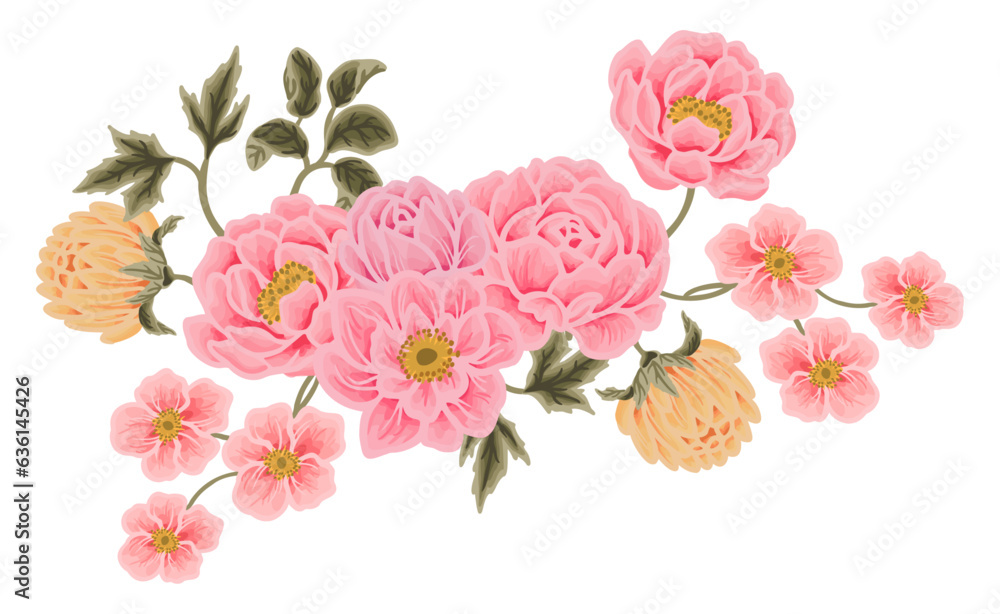 Hand drawn flower bouquet illustration arrangements with colorful rose, peony, floral bud, and green leaf branch elements