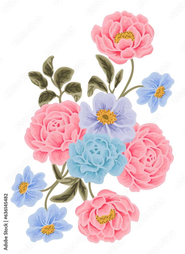 Hand drawn flower bouquet illustration arrangements with colorful rose, peony, floral bud, and green leaf branch elements