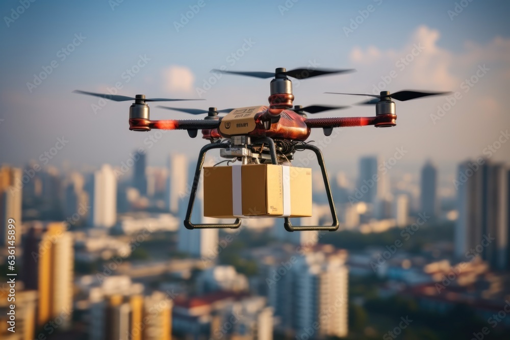 Transportation drone delivery box on city sky.