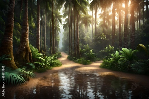 Tropical forest with palm trees and dirt road 3d rendering 