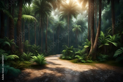 Tropical forest with palm trees and dirt road 3d rendering 