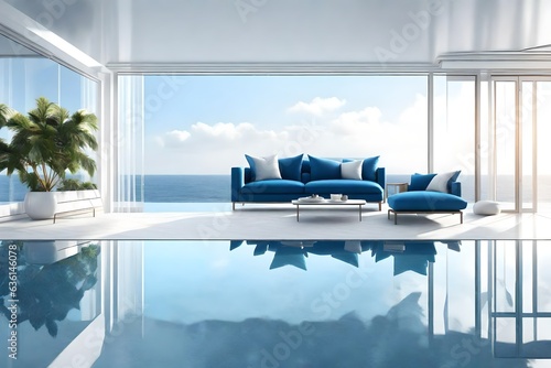 Wide view outdoor terrace Modern white living room blue sofa with infinity pool in front of beautiful sea  Postproducted 3d rendering