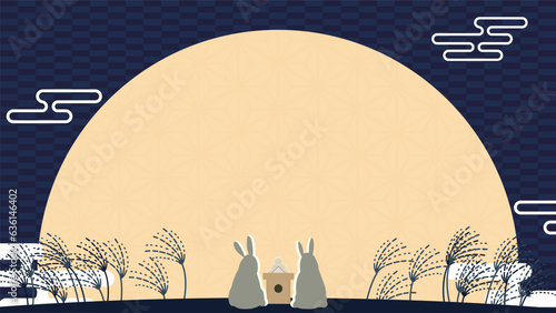夜空に輝く月を眺めるウサギで飾られた秋の広告テンプレート　Autumn ad template decorated with a rabbit looking at the moon shining in the night sky