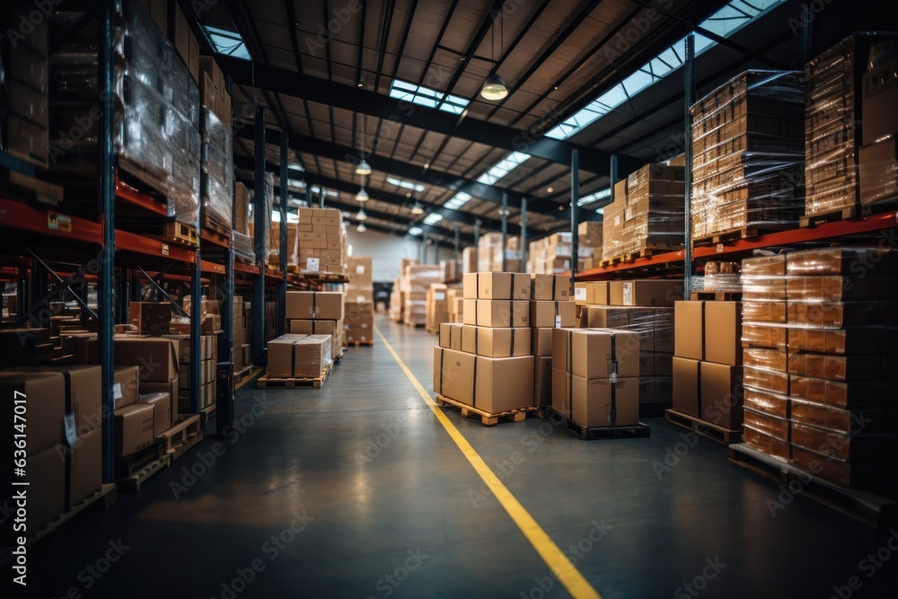 Boxes in mega store industrial with generative Ai, Wide shot. Boxes in mega store industrial with generative Ai, Wide shot.