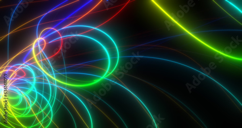 Abstract multi-colored rainbow neon energy laser lines flying on a black background