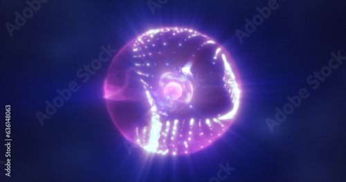 Abstract purple energy sphere with flying glowing bright particles, science futuristic atom with electrons hi-tech background