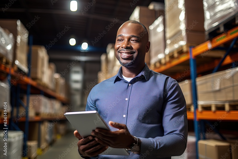 Fototapeta premium Warehouse accounting and bookkeeping. Smiley middle-aged African American man stands in a warehouse with a papers and checks the statements for the presence of goods.