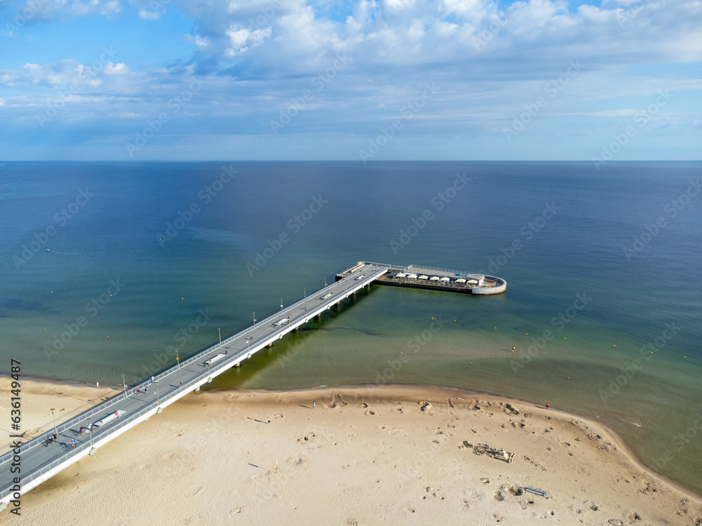 Aerial view landscape, view of beach, sea and pier in Kolobrzeg, Poland. Baltic sea.