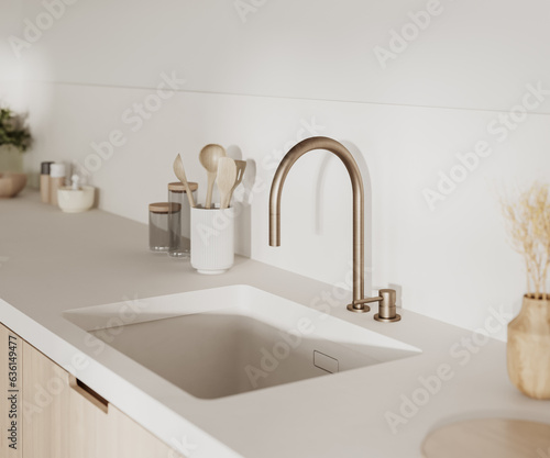 Close up of kitchen sink with faucet, home kitchen interior, 3d render