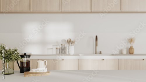 Kitchen island countertop with coffee set, modern kitchen background photo