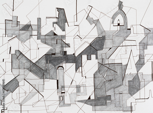 An abstract monochrome drawing with random lines.