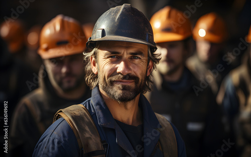 Engineer at construction site wearing safety helmet Confident engineer looking at camera with team behind