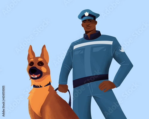 An illustration of a security man in uniform with his obedient dog photo