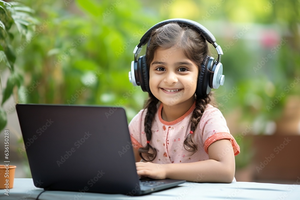 A young Indian girl is attending online school or classes. Learning at home concept in India. Generative ai A young Indian girl is attending online school or classes. Learning at home concept in India. Generative ai