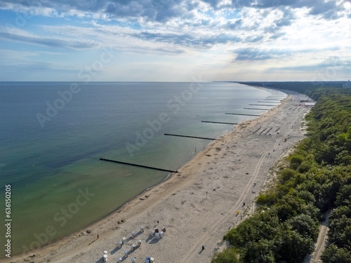 Obraz na płótnie Aerial view landscape, view of beach, sea and pier in Kolobrzeg, Poland. Baltic sea. Forest , clouds. w salonie