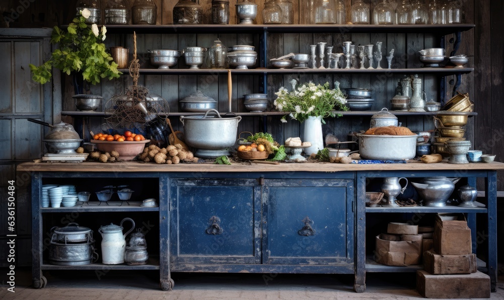 Photo of a traditional kitchen filled with an assortment of pots and pans Photo of a traditional kitchen filled with an assortment of pots and pans