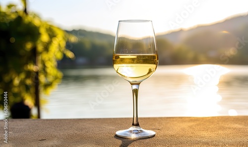 Photo of a refreshing glass of wine by the water s edge