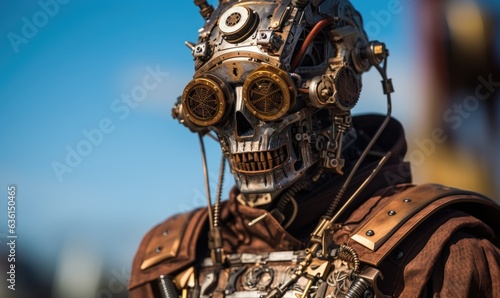 Photo of a man wearing a steampunk suit with a clock face mask