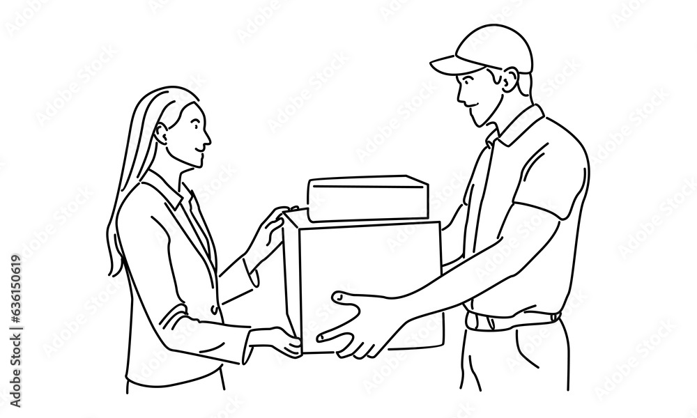 line art of delivery man giving box packages to woman