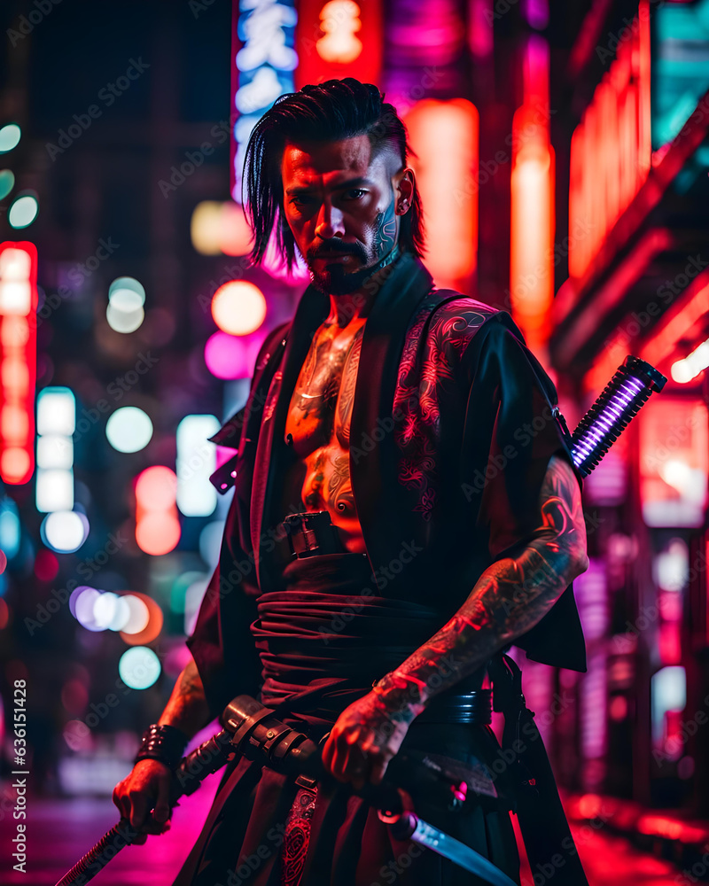 illustration of a cyberpunk samurai in a city at night holding a neon katana sword - generative ai