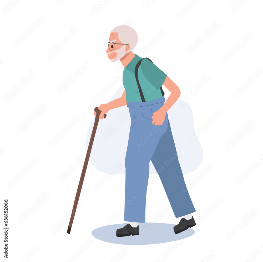 Confident Grandpa , elderly man is Walking with cane Stick. Active outdoor lifestyle. Flat vector cartoon illustration Confident Grandpa , elderly man is Walking with cane Stick. Active outdoor lifestyle. Flat vector cartoon illustration