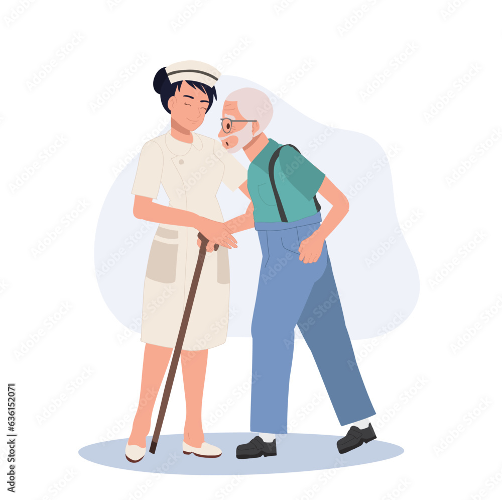 Healthcare Concept. Elderly Grandfather Walking Assistance by Happy female Nurse in Uniform. Healthcare Concept. Elderly Grandfather Walking Assistance by Happy female Nurse in Uniform.