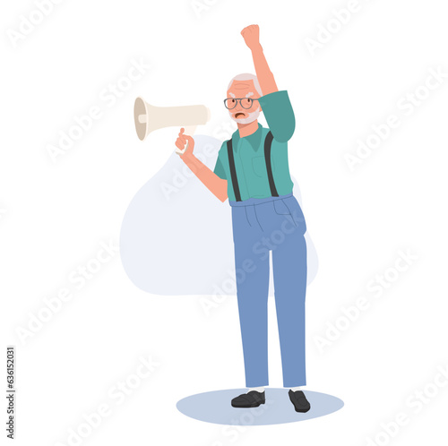 Elderly man Leading Passionate Protest with Megaphone. Vocal Elderly Grandfather Empowering Protest with Megaphone