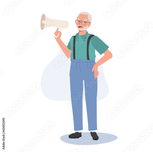 Elderly man Leading Passionate Protest with Megaphone. Vocal Elderly Grandfather Empowering Protest with Megaphone