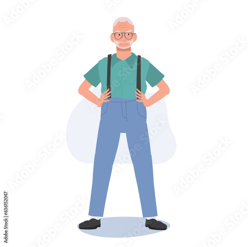 Confident Senior man Standing Gracefully. Senior man Standing With Hands On Hips. Flat vector cartoon illustration